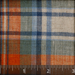 Orpiment Orange, Charleston Blue & White Furniture Check Linen, Drape - $16.00 yd. - Burnley & Trowbridge Co.