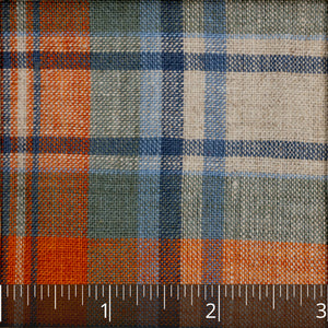 Orpiment Orange, Charleston Blue & White Furniture Check Linen, Drape - $16.00 yd. - Burnley & Trowbridge Co.