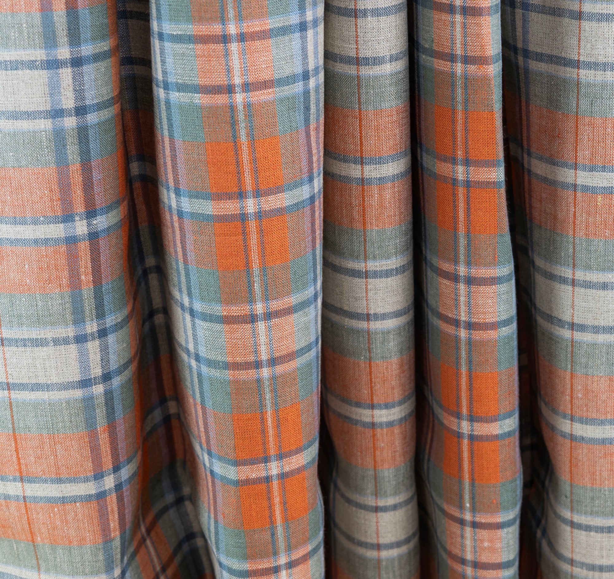 Orpiment Orange, Charleston Blue & White Furniture Check Linen - $16.00 yd. - Burnley & Trowbridge Co.