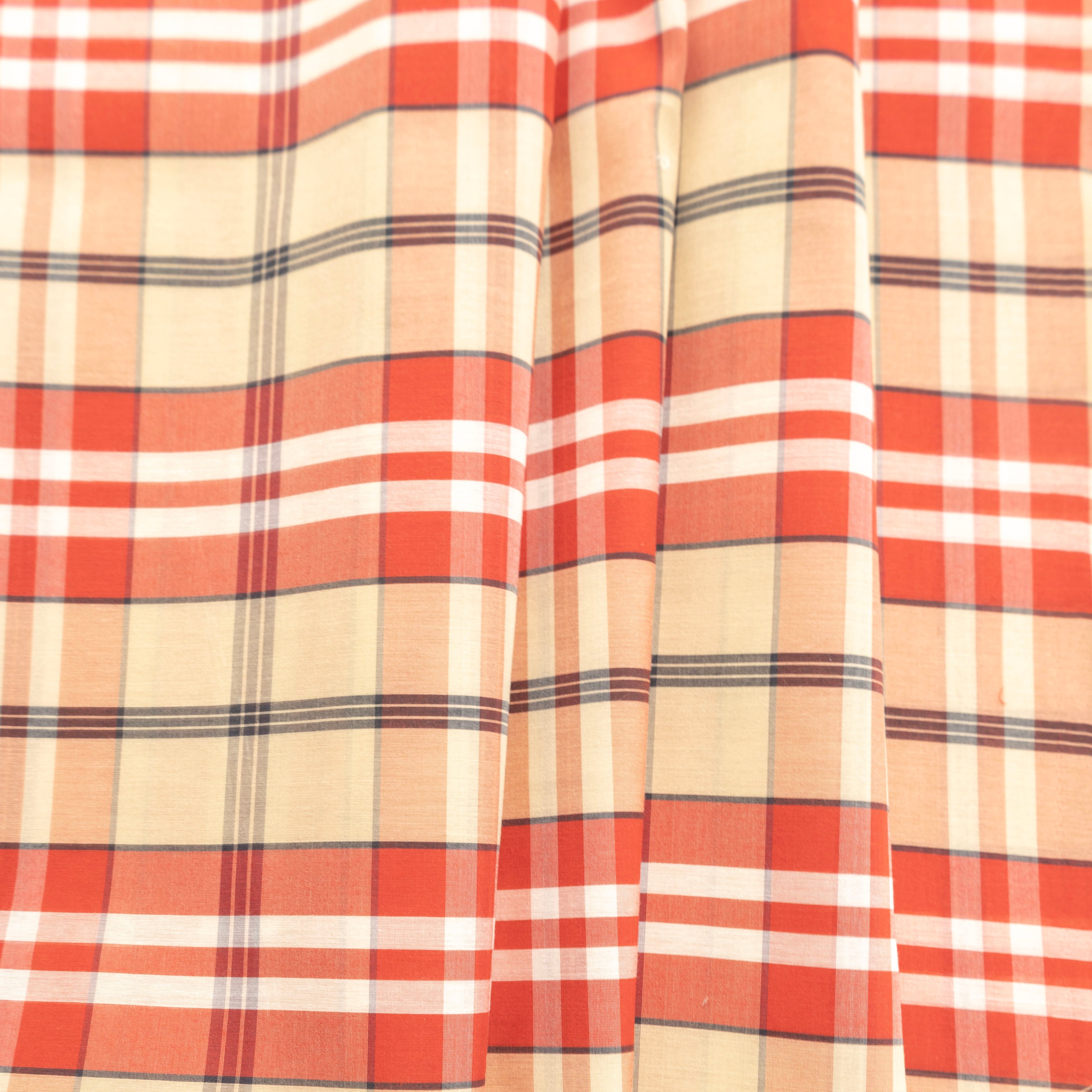 Red, Tan, Black, & Cream Checked Cotton & Silk Gauze - $17.00 yd. - Burnley & Trowbridge Co.